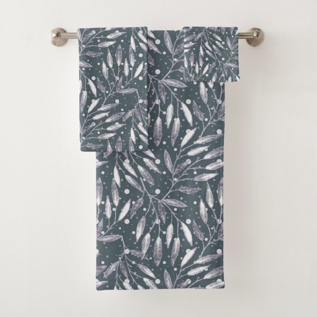 Christmas, silver twigs, white, snowflakes, winter bath towel set (Insitu)