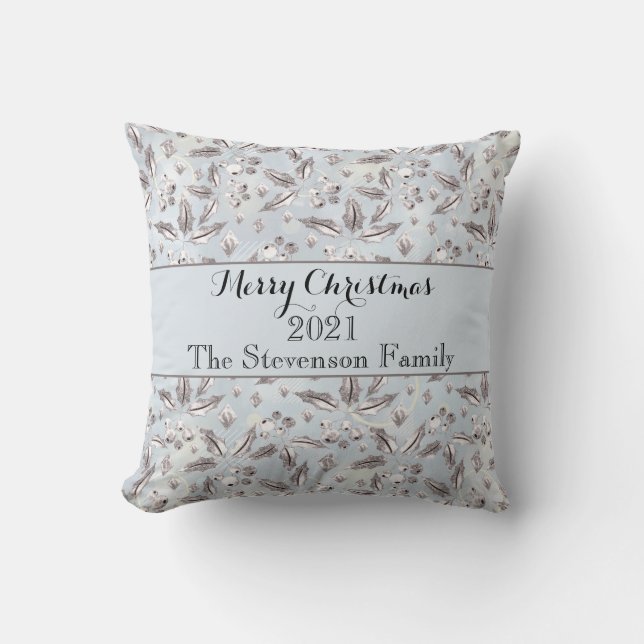 Christmas, silver twigs, white, snowflakes, winter cushion (Front)