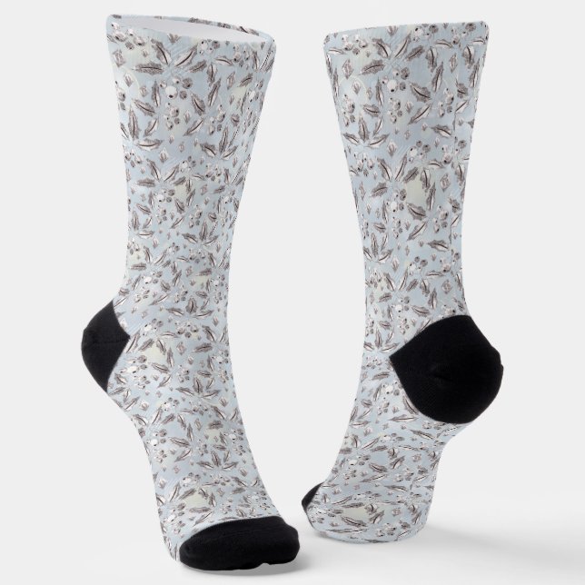 Christmas, silver twigs, white, snowflakes, winter socks (Angled)