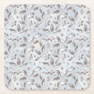 Christmas, silver twigs, white, snowflakes, winter square paper coaster