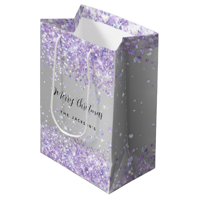 Christmas silver violet sparkles name medium gift bag (Front Angled)