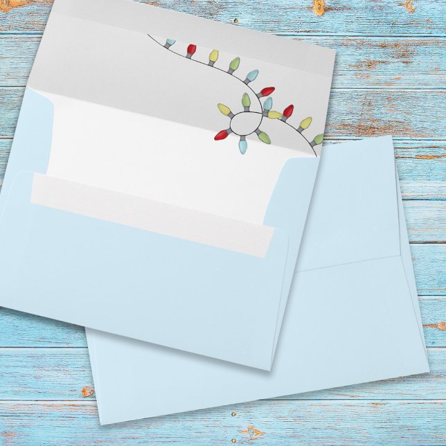 Christmas Simple Blue String Lights Whimsical Envelope (Simple blue envelope with whimsical Christmas string lights on the inside. )