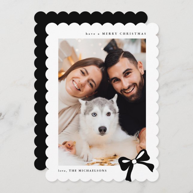 Christmas Simple Bow Black and White Photo Holiday Card (Front/Back)