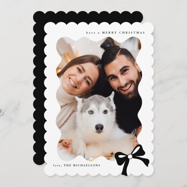 Christmas Simple Bow Black and White Photo Holiday Card (Front/Back)