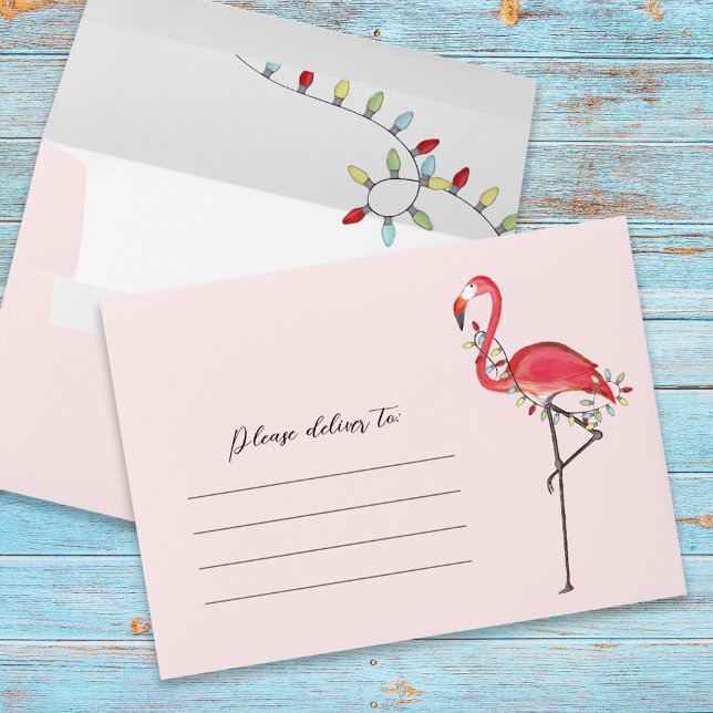 Christmas Simple Cute Pink Flamingo Lights Envelope (Christmas envelope with cute whimsical watercolor pink flamingo. )
