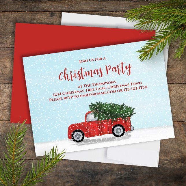 Christmas Simple Cute Winter Vintage Red Truck  Invitation (Holiday cute Christmas vintage red truck invitation with freshly falling snow. )