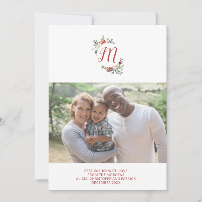Christmas Simple Family Floral Monogrammed Photo Holiday Card (Front)