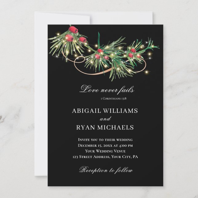 Christmas Simple Floral on Black Christian Wedding Invitation (Front)