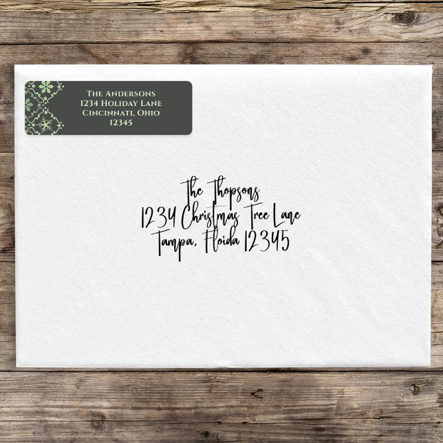 Christmas Simple Green Snowflake Classic Pattern  (Christmas elegant snowflake pattern with a grey background with a light green return address label. )