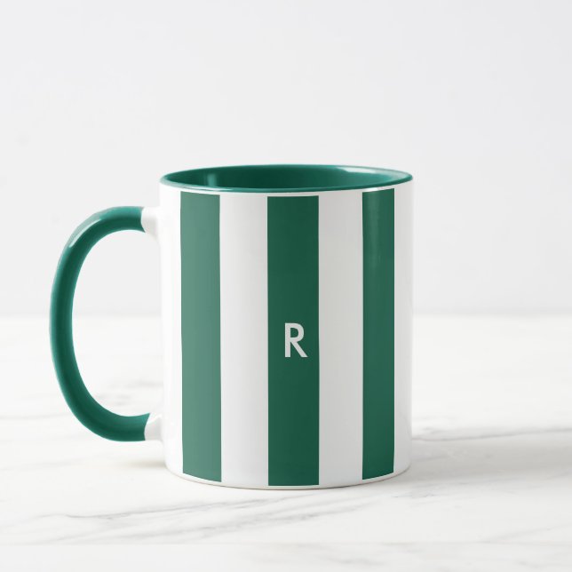 Christmas Simple Green Striped Monogram Initial Mug (Left)