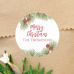 Christmas Simple Red Holly Berries Pine Leaves Classic Round Sticker<br><div class="desc">This design features Christmas holiday red holly berries, botanical greenery pine leaves branch, winter forest pine branches twigs, simple minimalist family name custom, modern elegant rustic winter woods, Christmas holiday gift favour label, Christmas holiday treat sticker, modern brush script pine tree, rustic country typography text, Christmas holiday red and green...</div>