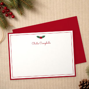 Christmas Simple Red Holly Two Border Personalised Card