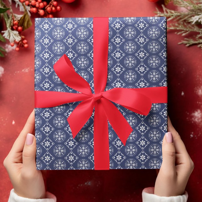 Christmas Simple Red White Snowflake Festive  Wrapping Paper (Navy blue snowflake pattern wrapping paper.)