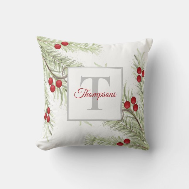 Christmas Simple Watercolor Red Greenery Elegant Cushion (Front)