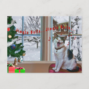 Christmas, Singing Cat, Snow, Postcard