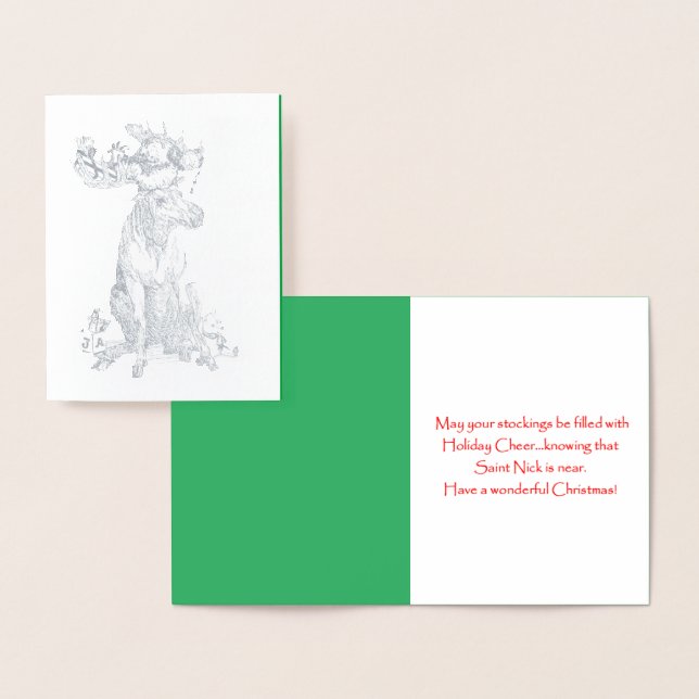 Christmas Sitting Moose with Gifts Whimsical Foil Card (Display)