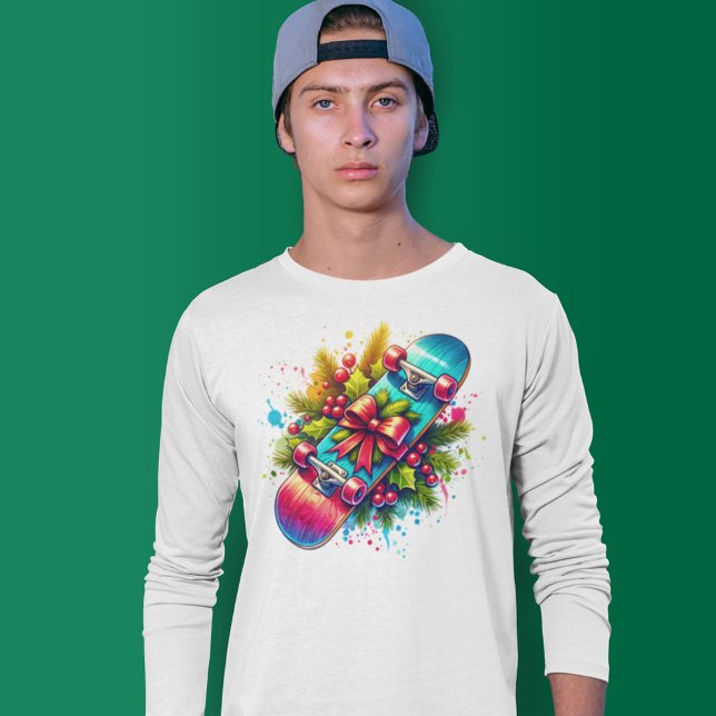 Christmas Skateboard Red Bow Pine Branches T-Shirt (Creator Uploaded)