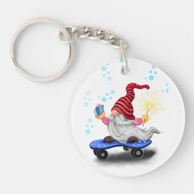 Christmas Skater Gnome with Gift Keychain (Front)