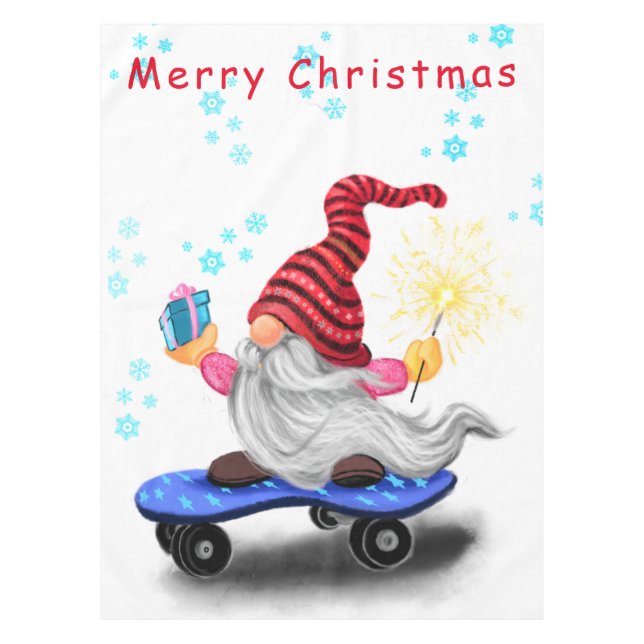 Christmas Skater Gnome with Gift Tablecloth (Front)