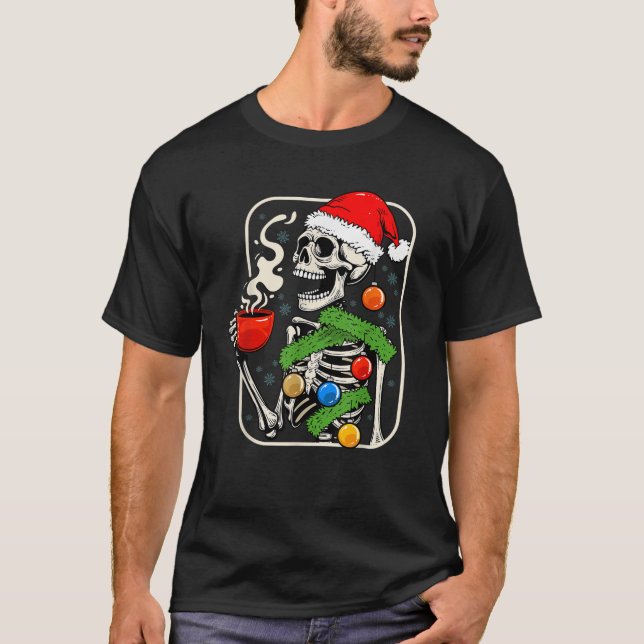 Christmas Skeleton Drinking Coffee Lover Lights Xm T-Shirt (Front)