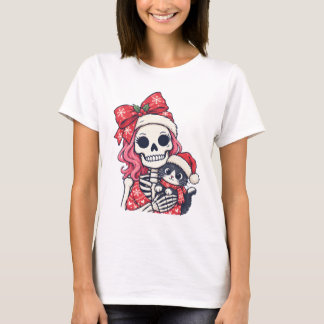 Christmas Skeleton Girl With Cat T-Shirt