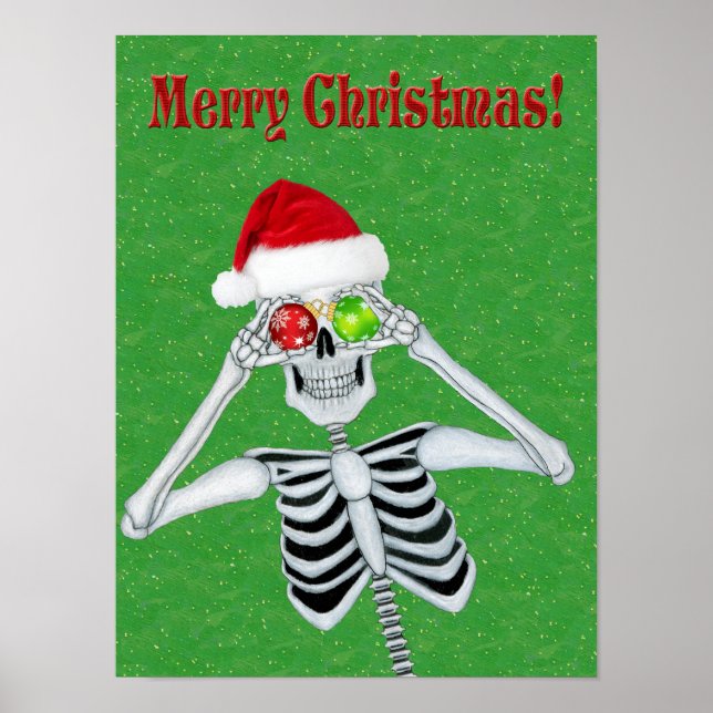 Christmas Skeleton Hat Ornaments Green Gold flecks Poster (Front)