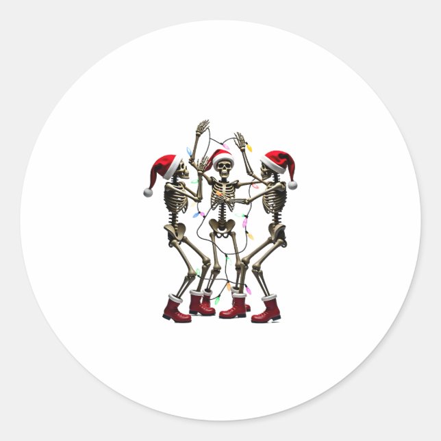 Christmas Skeleton Santa Dancing Lights (1) Classic Round Sticker (Front)