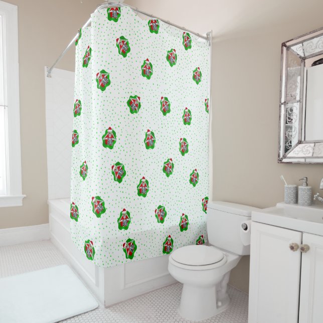 Christmas Skeleton Santa Hat Red Green Dots Shower Curtain (In Situ)