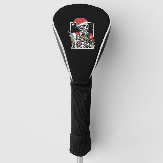 Christmas Skeleton Smiling Skull Drinking Coffee S Golf Head Cover (Front)