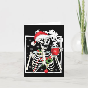 Christmas Skeleton With Smiling Skull Drinking Cof Card