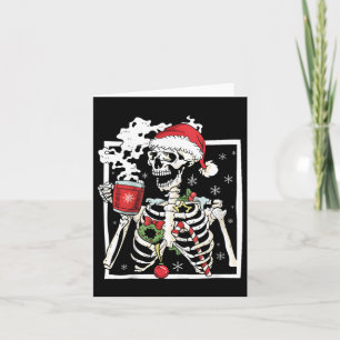 Christmas Skeleton With Smiling Skull Drinking Cof Card