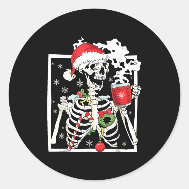 Christmas Skeleton With Smiling Skull Drinking Cof Classic Round Sticker (Front)