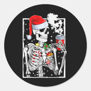 Christmas Skeleton With Smiling Skull Drinking Cof Classic Round Sticker
