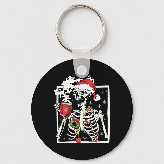 Christmas Skeleton With Smiling Skull Drinking Cof Key Ring (Front)