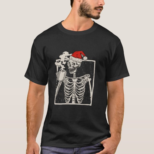 Christmas Skeleton With Smiling Skull Drinking Cof T-Shirt (Front)