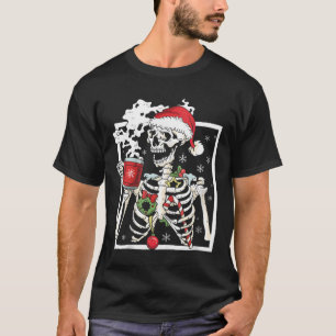 Christmas Skeleton With Smiling Skull Drinking Cof T-Shirt