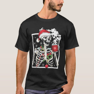 Christmas Skeleton With Smiling Skull Drinking Cof T-Shirt