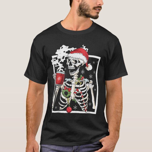 Christmas Skeleton With Smiling Skull Drinking Cof T-Shirt (Front)