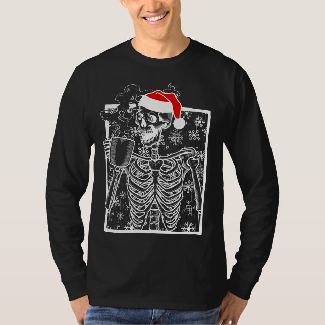 Christmas Skeleton with Smiling Skull drinking Cof T-Shirt (Front)
