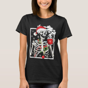 Christmas Skeleton With Smiling Skull Drinking Cof T-Shirt