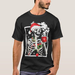 Christmas Skeleton With Smiling Skull Drinking Cof T-Shirt