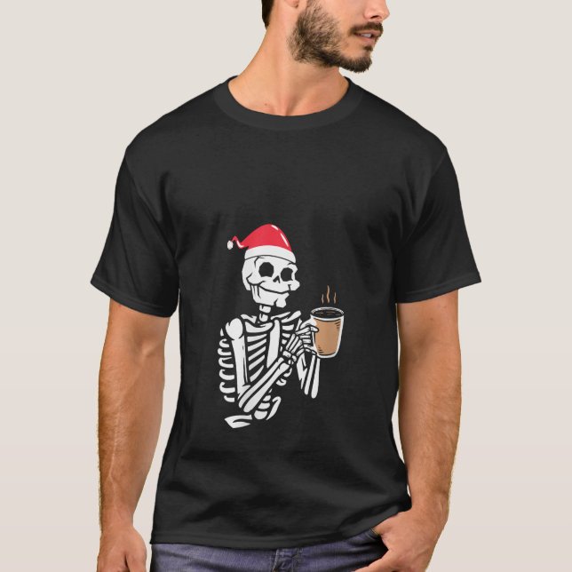 Christmas Skeleton With Smiling Skull Drinking Cof T-Shirt (Front)