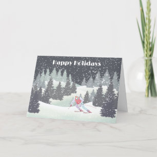 Christmas Skier and Winter Pines Holiday Card