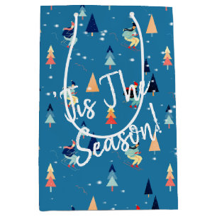 Christmas Skier In Snowflakes On Blue Medium Gift Bag