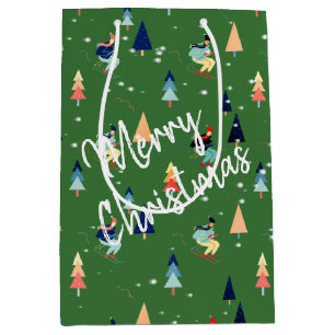 Christmas Skier In Snowflakes On Green Medium Gift Bag
