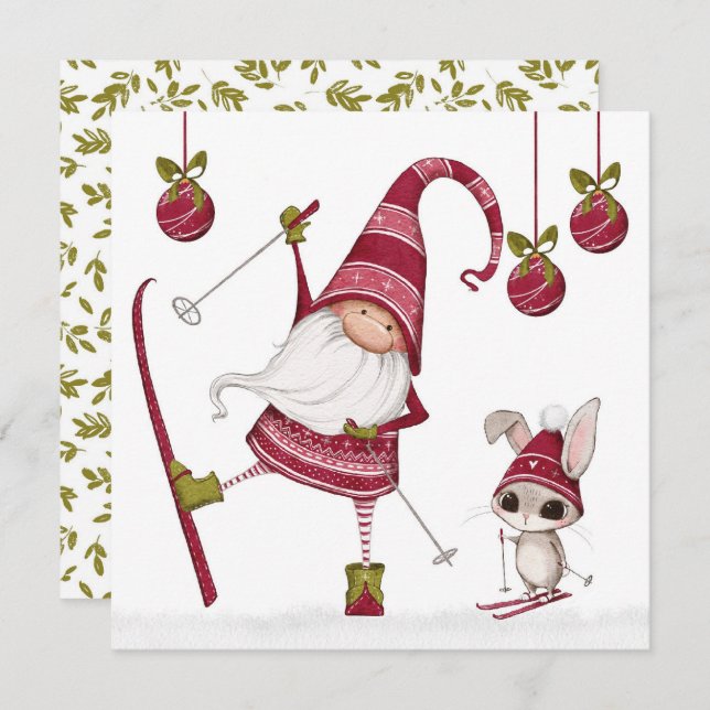 Christmas Skiing Gnome and Bunny Christmas Card (Front/Back)