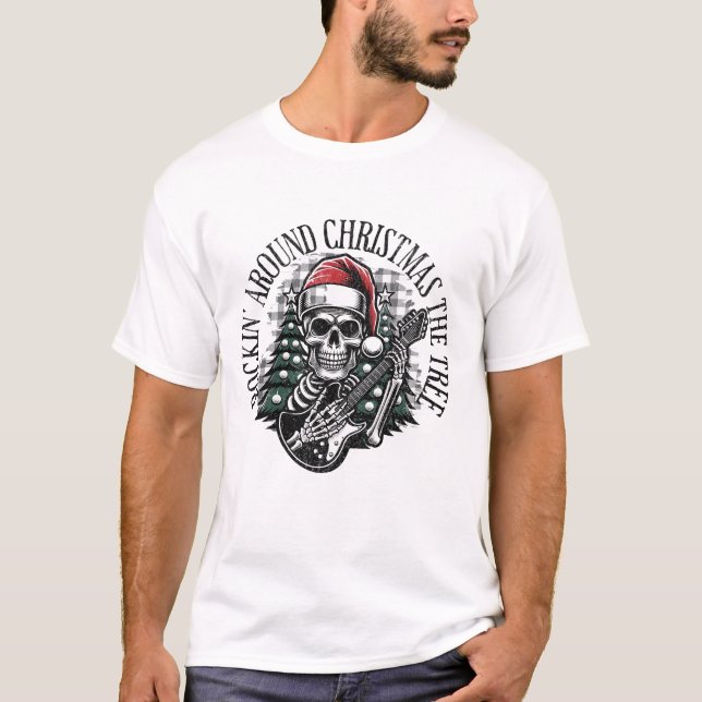 Christmas Skull Playing Guitar Again T-Shirt (Front)