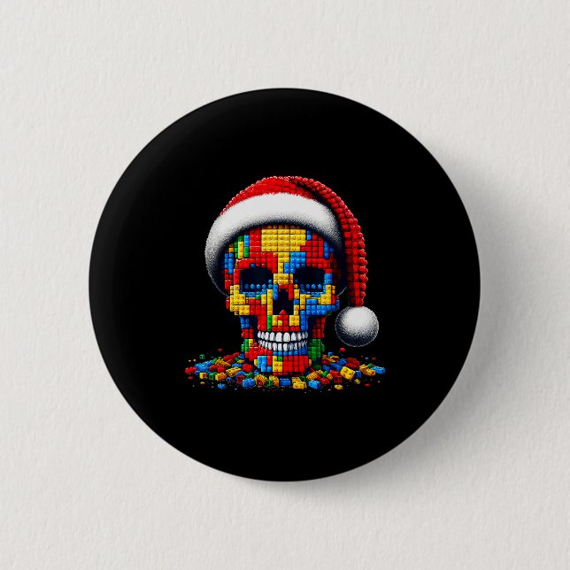 Christmas Skull Santa Hat Block Bricks Master Buil 6 Cm Round Badge (Front)