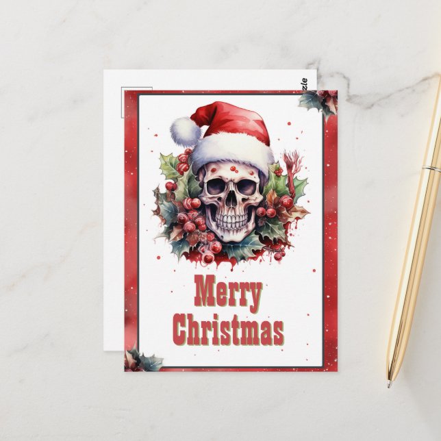 Christmas Skull Watercolor Postcard (Front/Back In Situ)