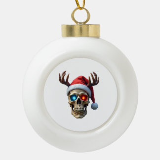 Christmas Skull with Santa Hat and Antlers Mystic Ceramic Ball Christmas Ornament
